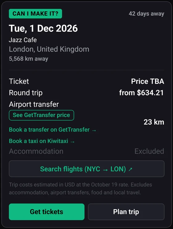 The Live it UP trip card for Horace Andy at Jazz Cafe in London on 1 December 2026: the ticket row reads Price TBA, round trip from $634.21, airport transfer 23 kilometres, accommodation excluded, and no total row