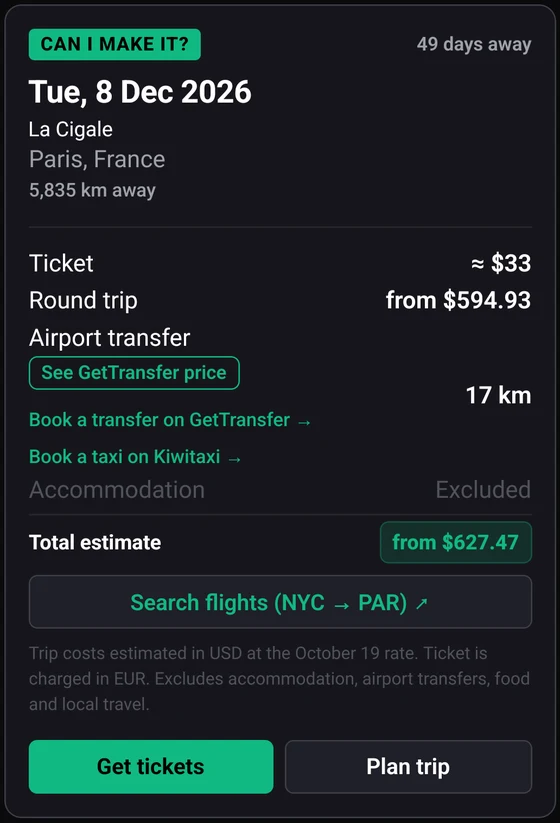 The Live it UP trip card for G.L.K. at La Cigale in Paris on 8 December 2026, 5,835 kilometres away: ticket about $33, round trip from $594.93, airport transfer 17 kilometres, accommodation excluded, total estimate from $627.47
