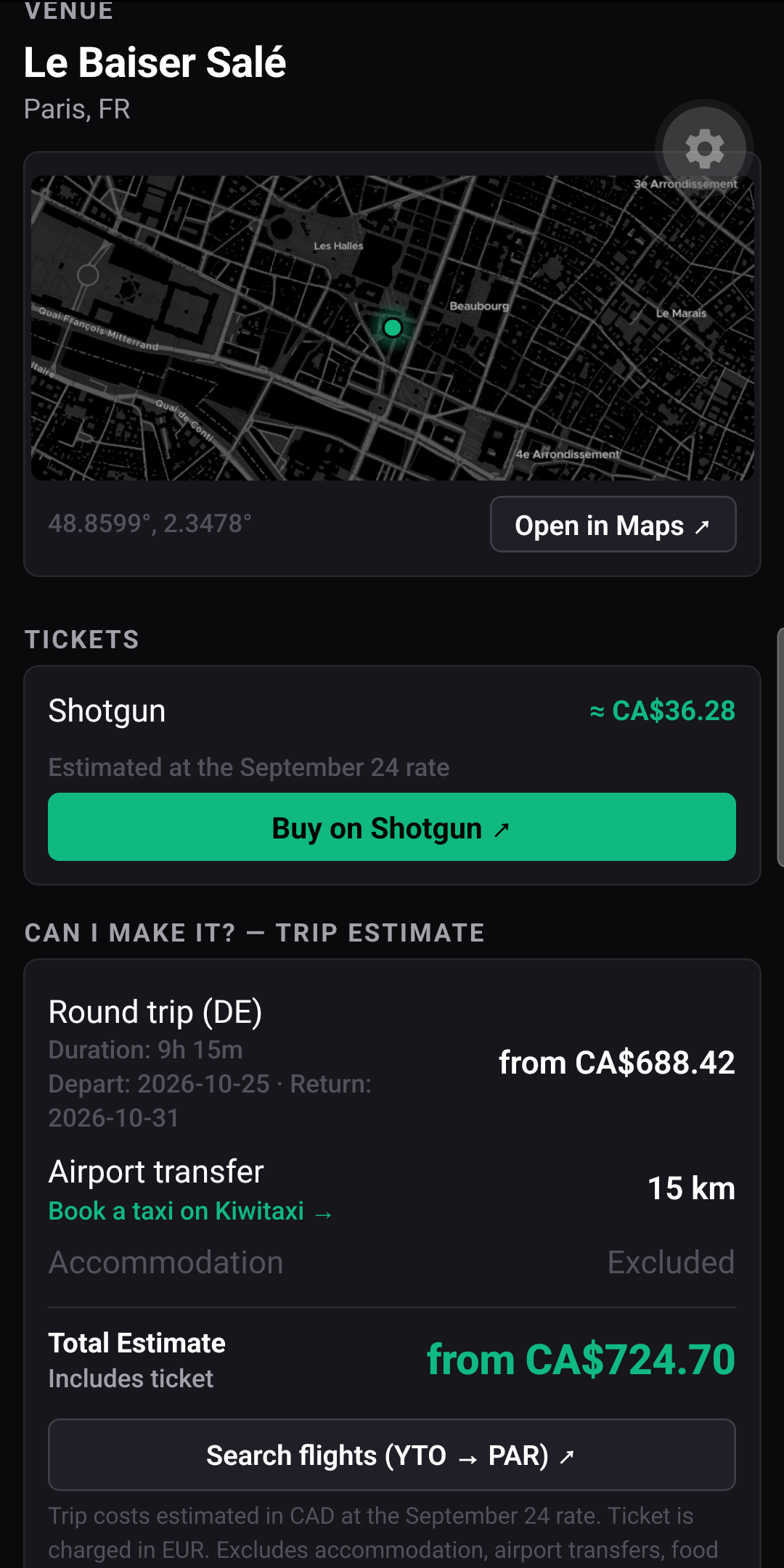 The Live it UP trip card for Michel Zenino at Le Baiser Sal&eacute; in Paris: ticket approximately CA$36.28 on Shotgun, round trip from CA$688.42, airport transfer 15 km, accommodation excluded, total estimate from CA$724.70 including the ticket