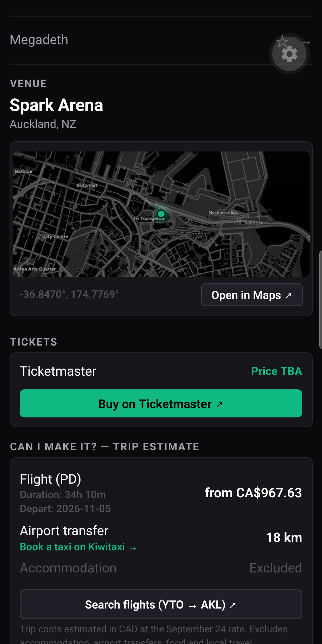 The Live it UP trip card for Iron Maiden at Spark Arena in Auckland: ticket price to be announced on Ticketmaster, flight from CA$967.63, airport transfer 18 km, accommodation excluded, and no total estimate row at all