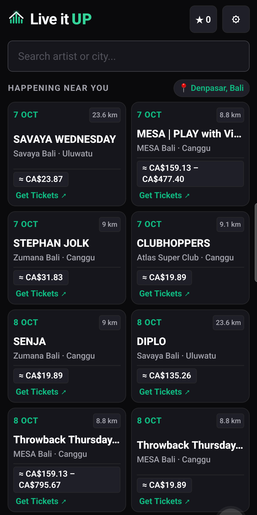 The Live it UP nearby feed in Denpasar for 7 and 8 October: two columns of tiles with dates, distances, venues and prices such as approximately CA$23.87, and one tile with a range from CA$159.13 to CA$477.40; every tile in this capture carries a price