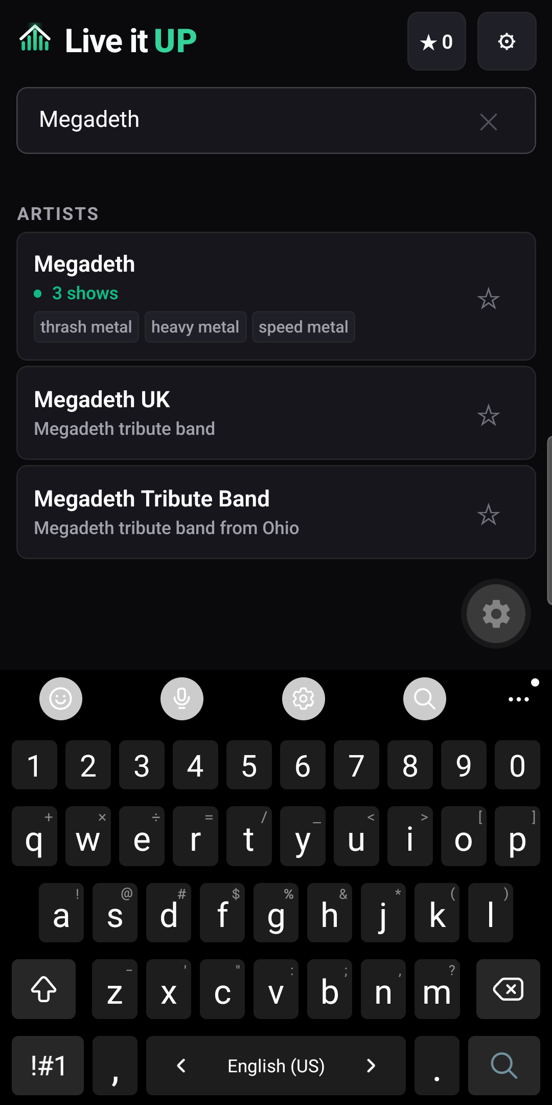 A search for Megadeth returning the artist with a green line reading 3 shows and genre tags